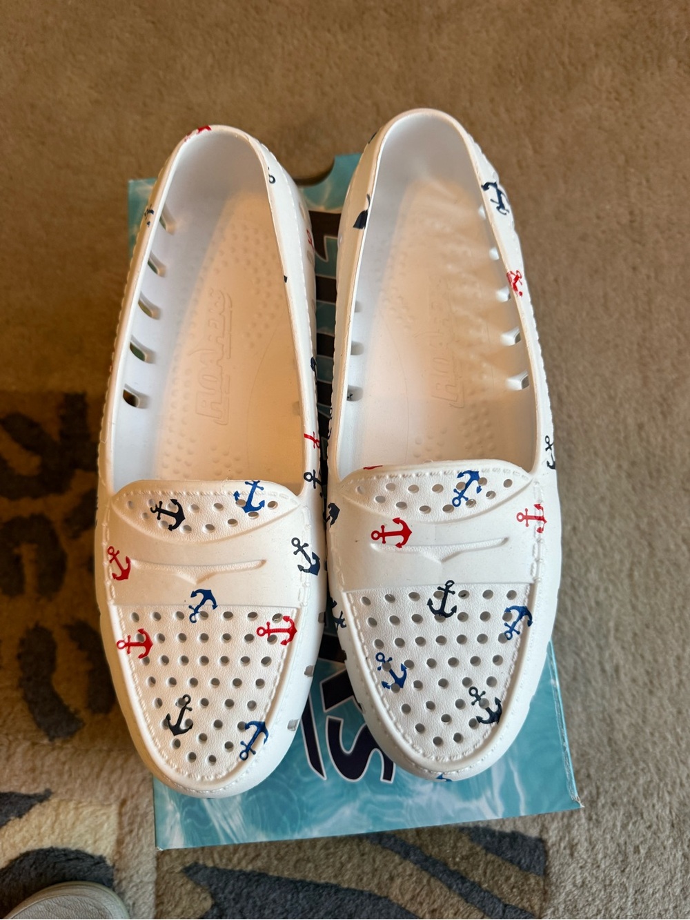 Floafers White Anchor-Print Slip-On Women's Loafers - Size 8
